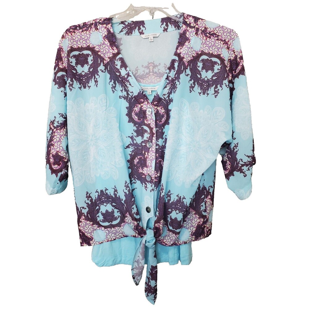 John Mark Blue Mixed Print TIe-Waist Button-Up Shirt with Camisole Size Large